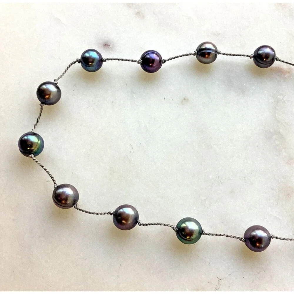 Vintage Peacock Pearls Necklace 6mm-7mm Sterling Silver 15'' Signed
